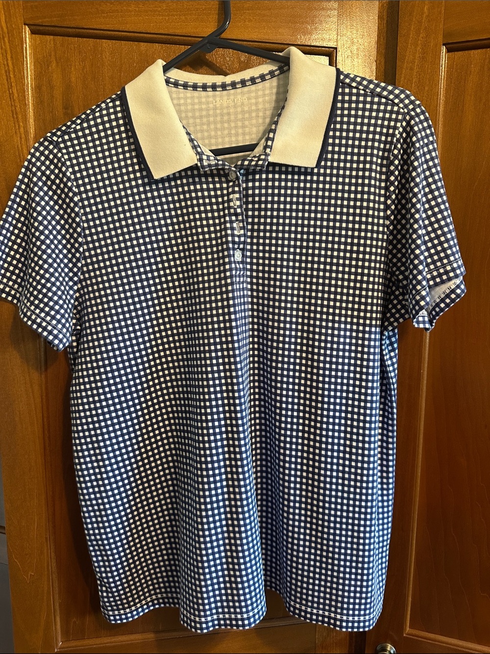 Lands' End Navy and White Gingham Polo Top